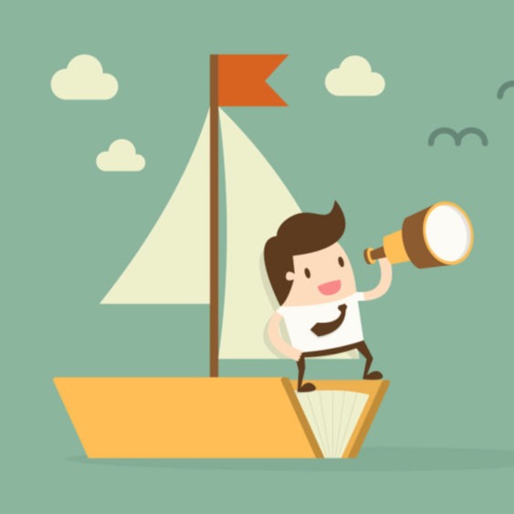 Visiby blog ilustración de empresario en un barco de vela con un catalejo