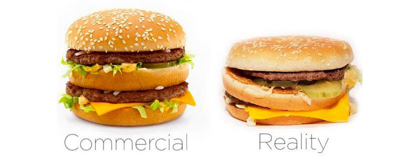 foto Pinterest comparación hamburguesa anuncio y hamburguesa real